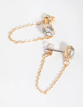 Gold Square Diamante Chain Stud Earrings