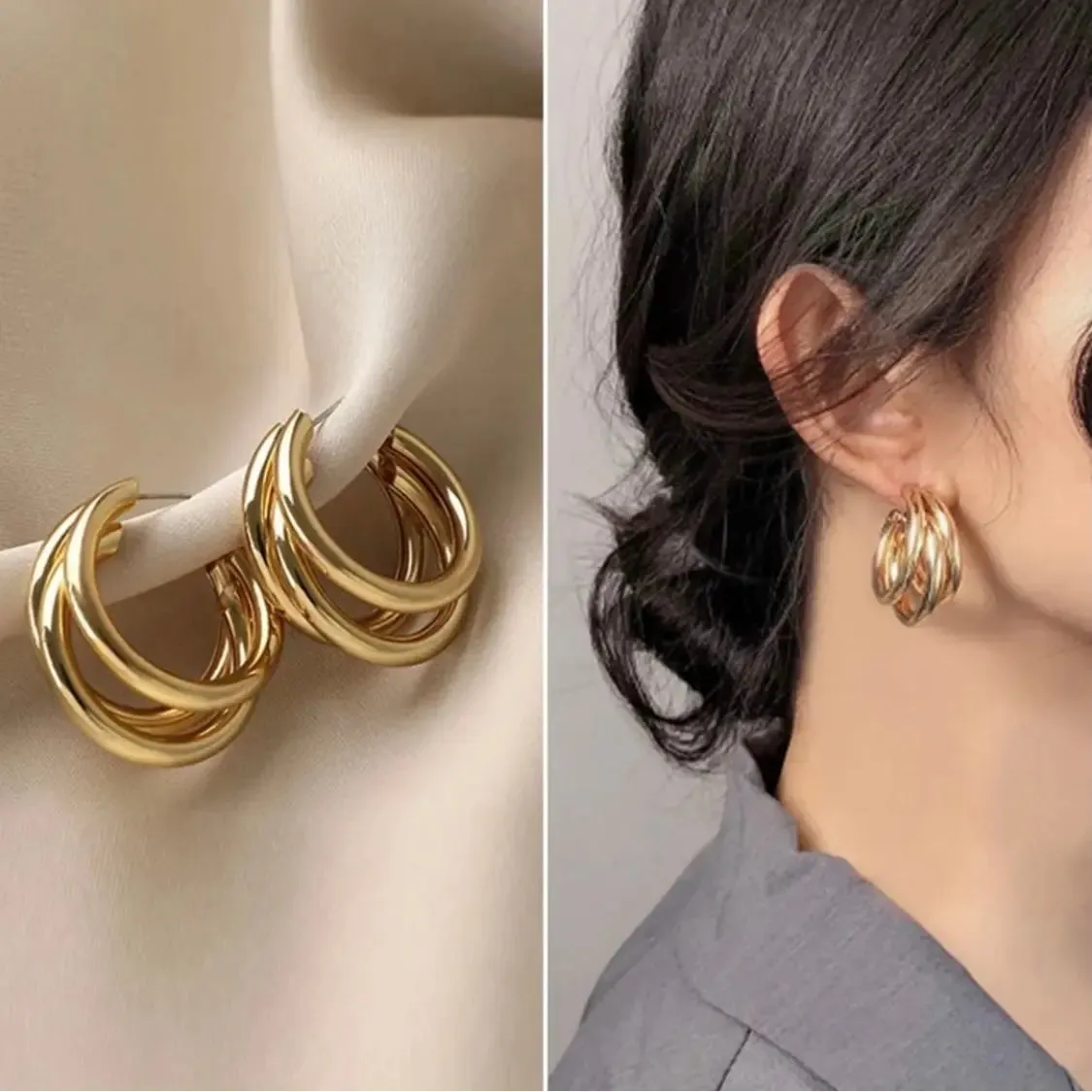 Gold Triple Layer Hoops Earring