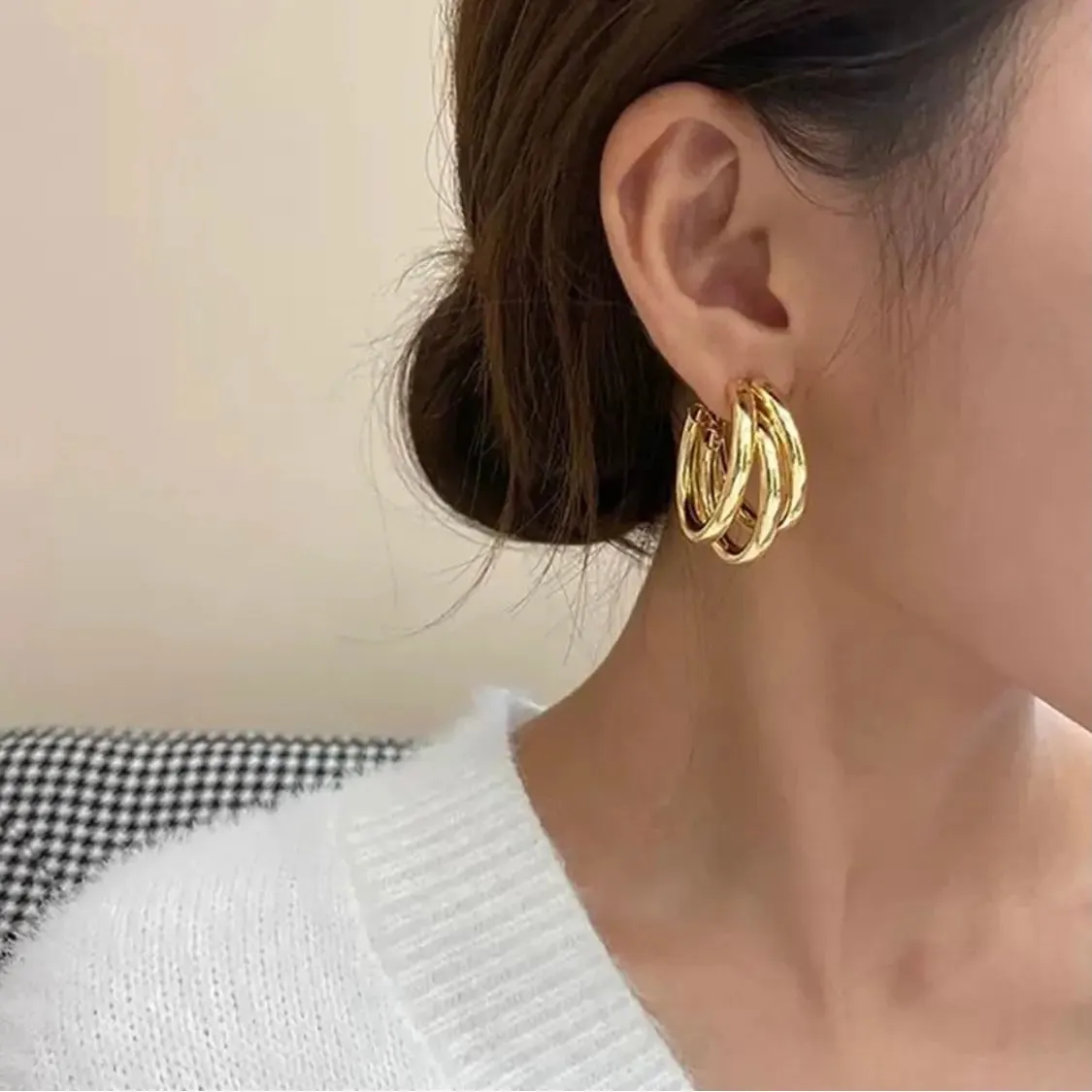 Gold Triple Layer Hoops Earring