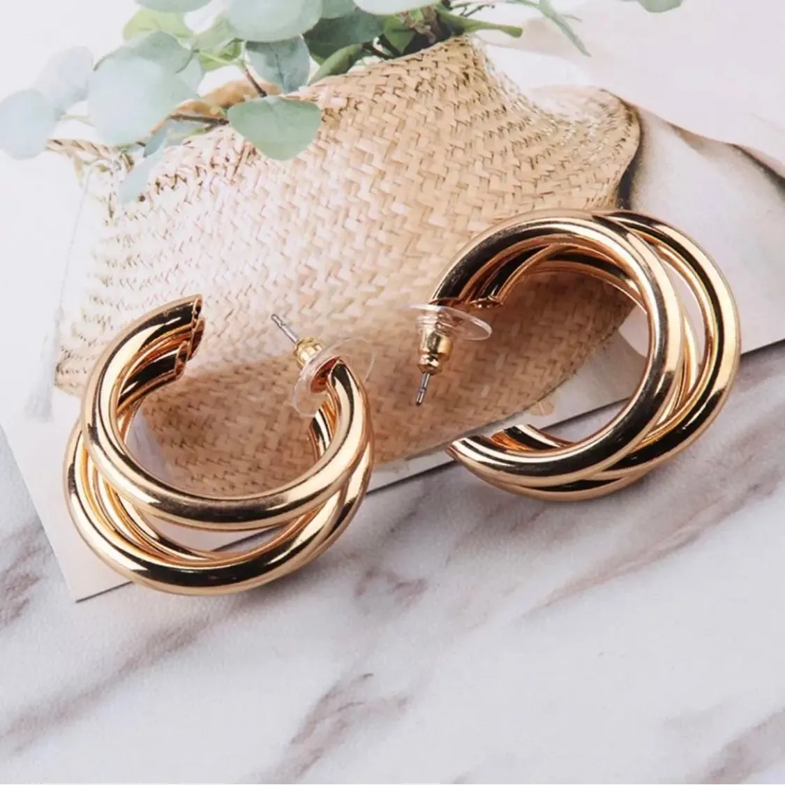 Gold Triple Layer Hoops Earring