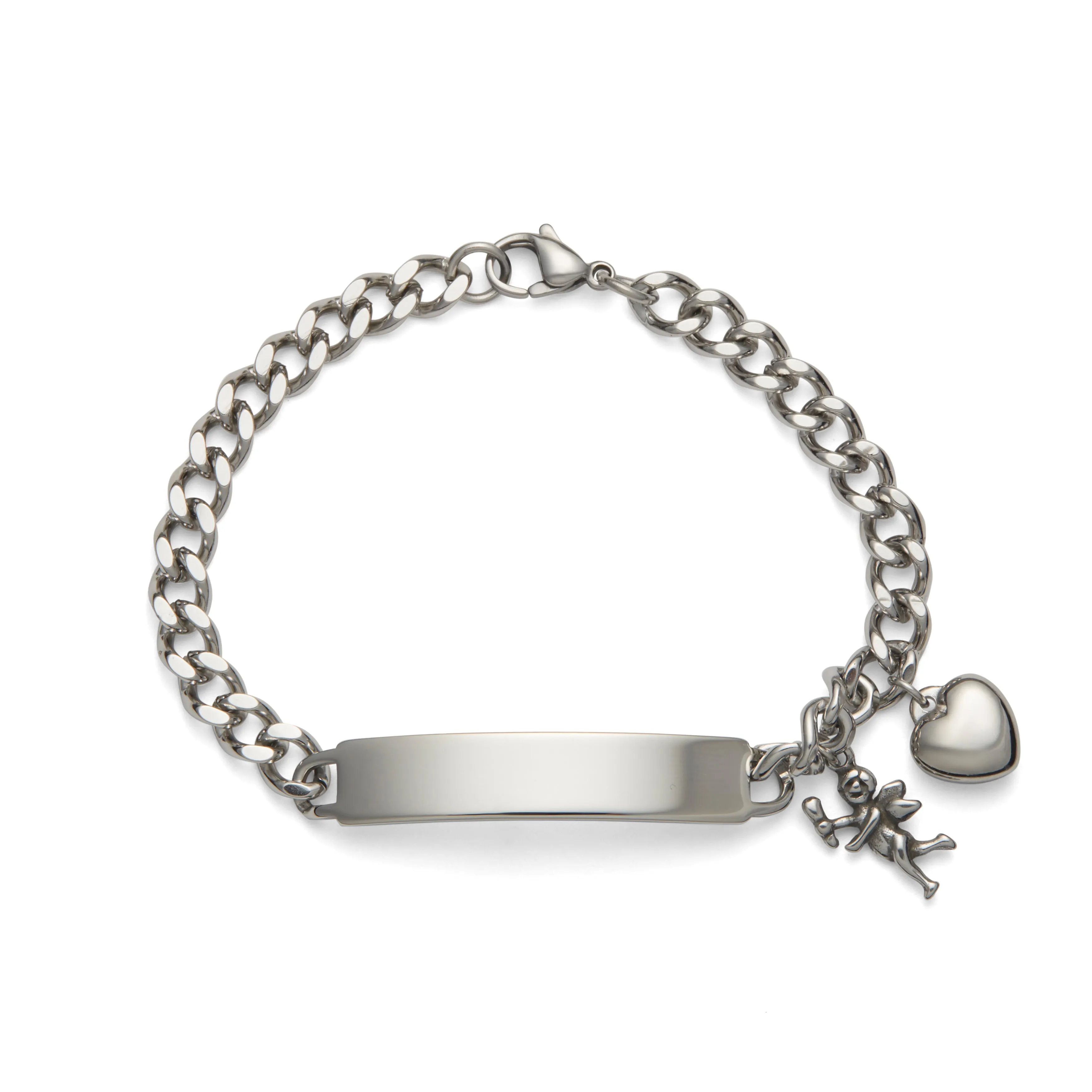 Ladies’ ID Bracelet with Plaque and Cherub and Heart Charms Silver Tone