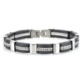 Mens Stainless Steel and Black Rubber Link Bracelet 8.50 inches