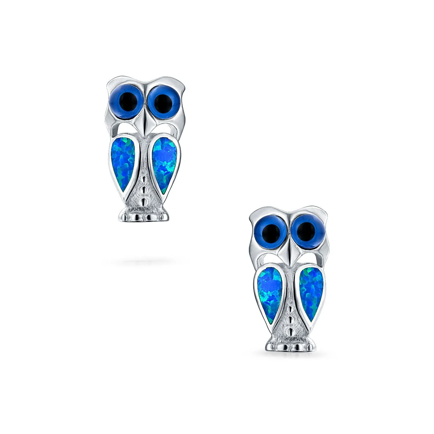 Opalescent Blue Created Opal Owl Stud Earrings Sterling Silver Birthstone