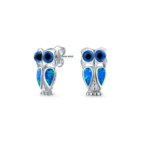 Opalescent Blue Created Opal Owl Stud Earrings Sterling Silver Birthstone