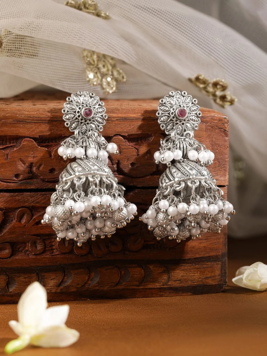 Oxidised Silver Plated Jhumka Earrings with Pearls and Ruby Studded Detailing