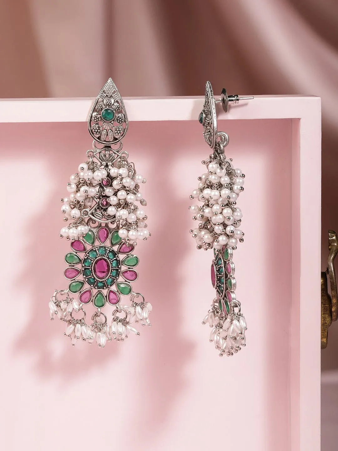 Oxidised Silver Plated Ruby & Emerald Studded Long Dangle Earrings with Pearls