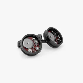 Red Enamel IP Plated Mechanical Carousel Gear Nuovo Cufflinks