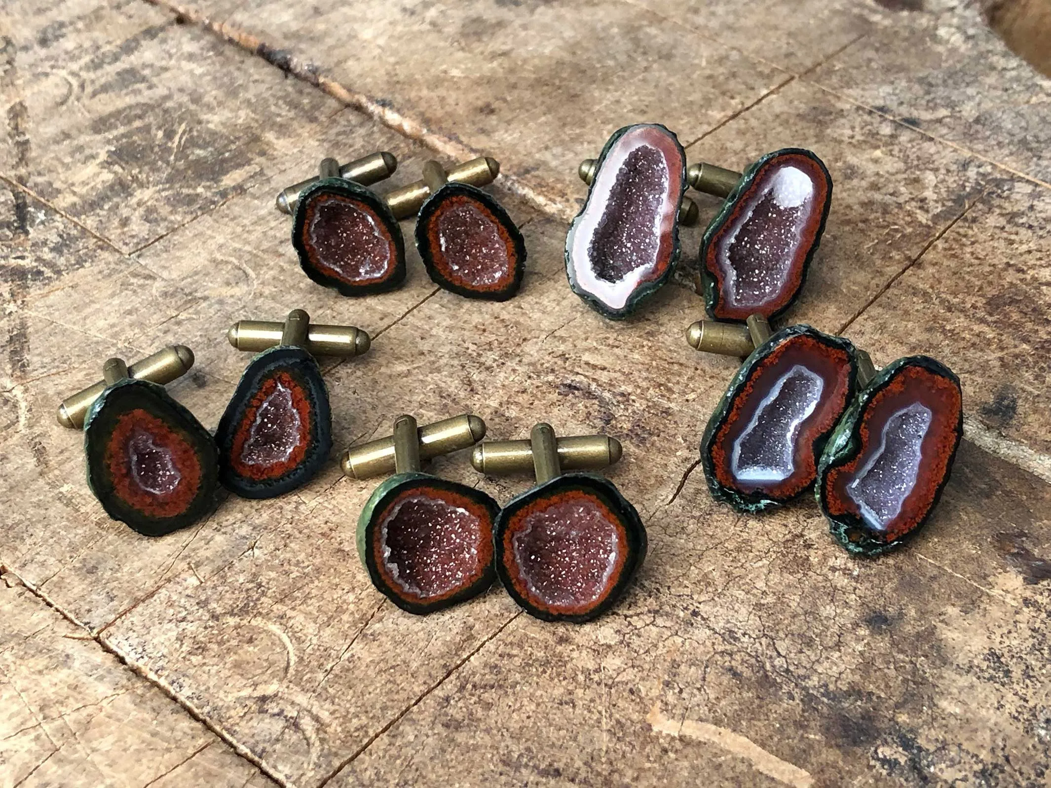 Red Moss Agate Geode Cufflinks, Amethyst Tabasco geode cuff links