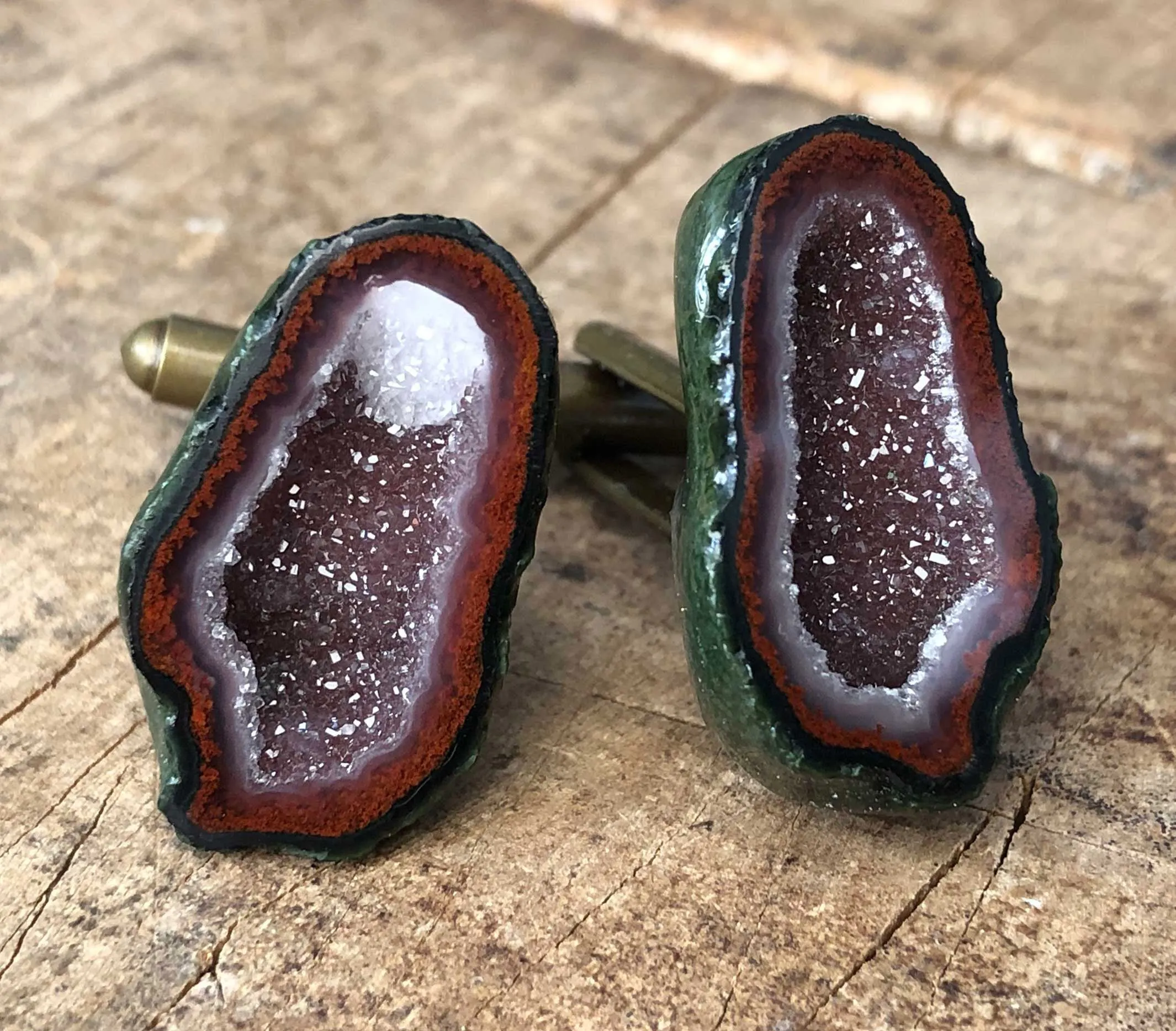 Red Moss Agate Geode Cufflinks, Amethyst Tabasco geode cuff links