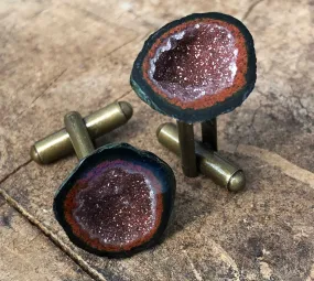 Red Moss Agate Geode Cufflinks, Amethyst Tabasco geode cuff links