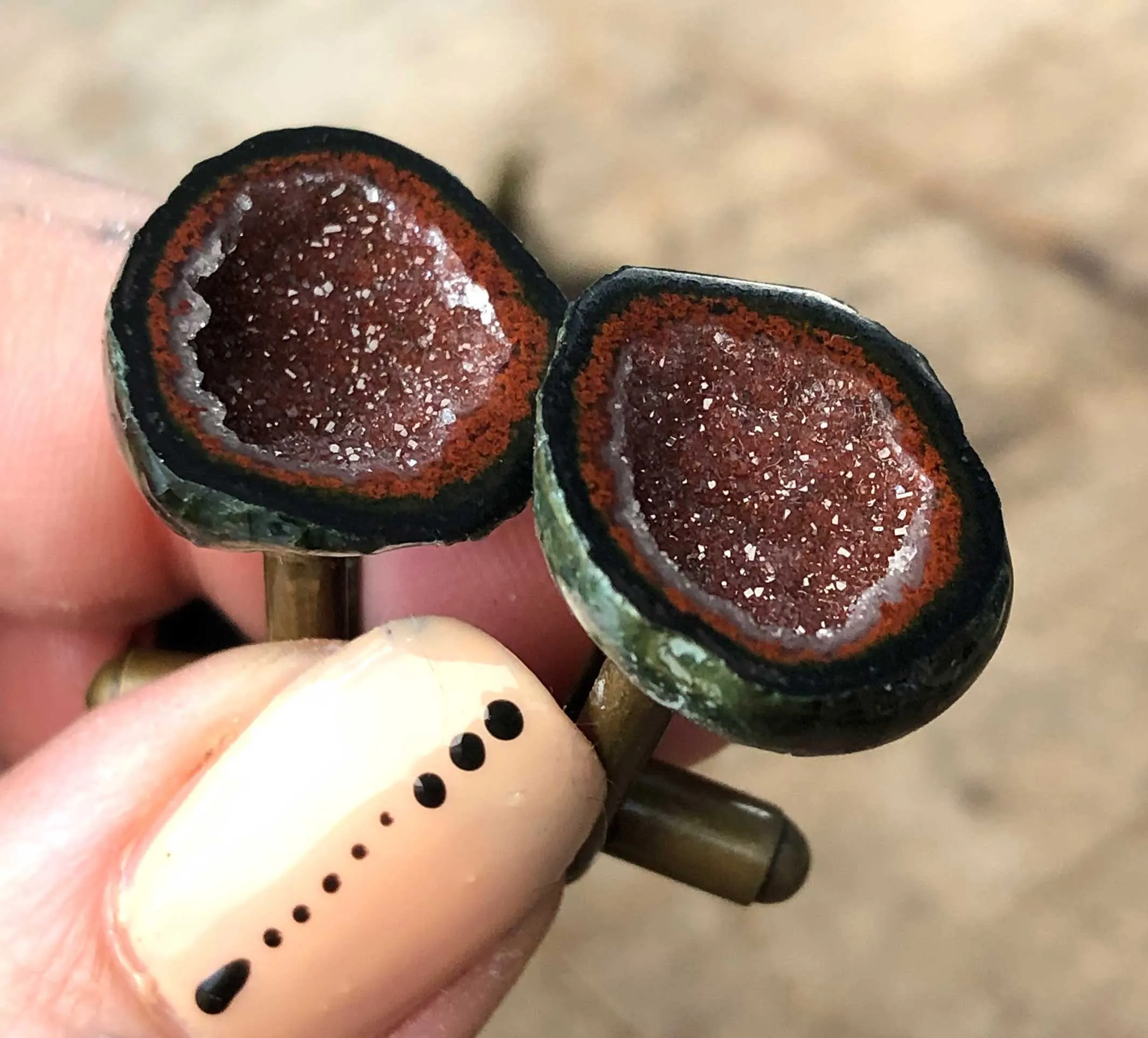 Red Moss Agate Geode Cufflinks, Amethyst Tabasco geode cuff links