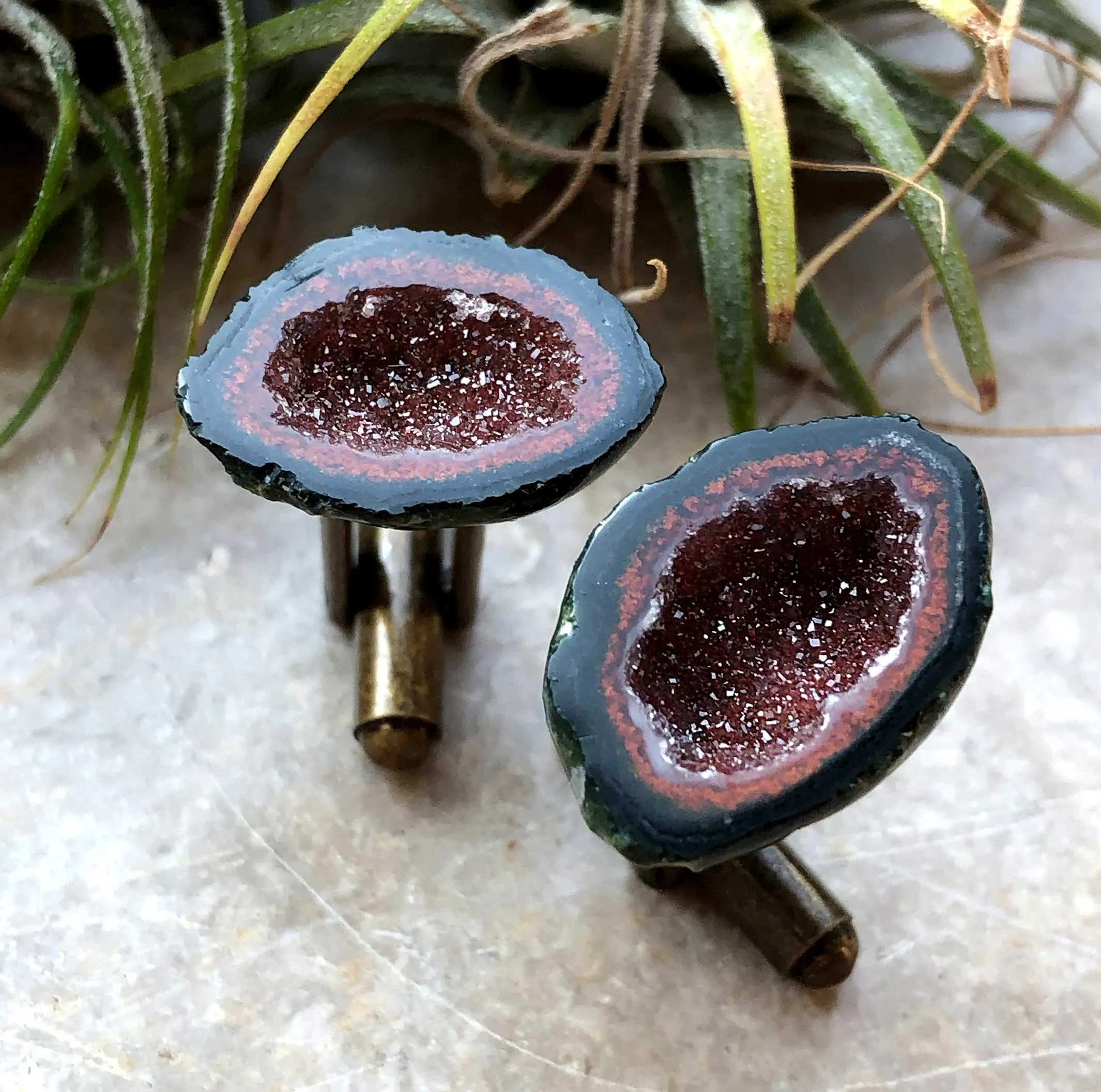 Red Moss Agate Geode Cufflinks, Amethyst Tabasco geode cuff links