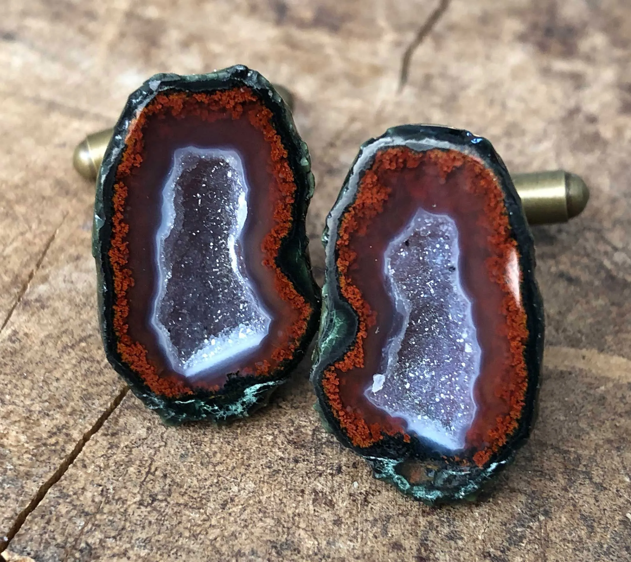 Red Moss Agate Geode Cufflinks, Amethyst Tabasco geode cuff links