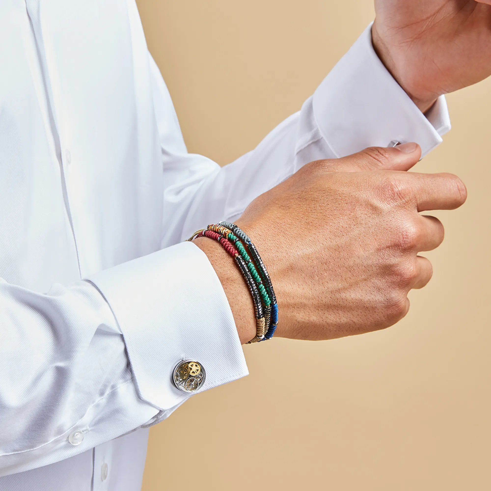 Resin Gear cufflinks in Clear with Rhodium Finish