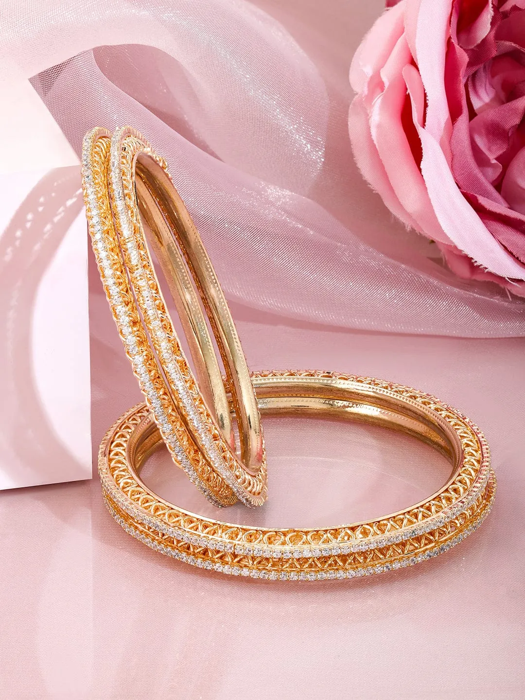 Rubans Set of 4 22K Gold-Plated Cubic Zirconia Studded Bangles