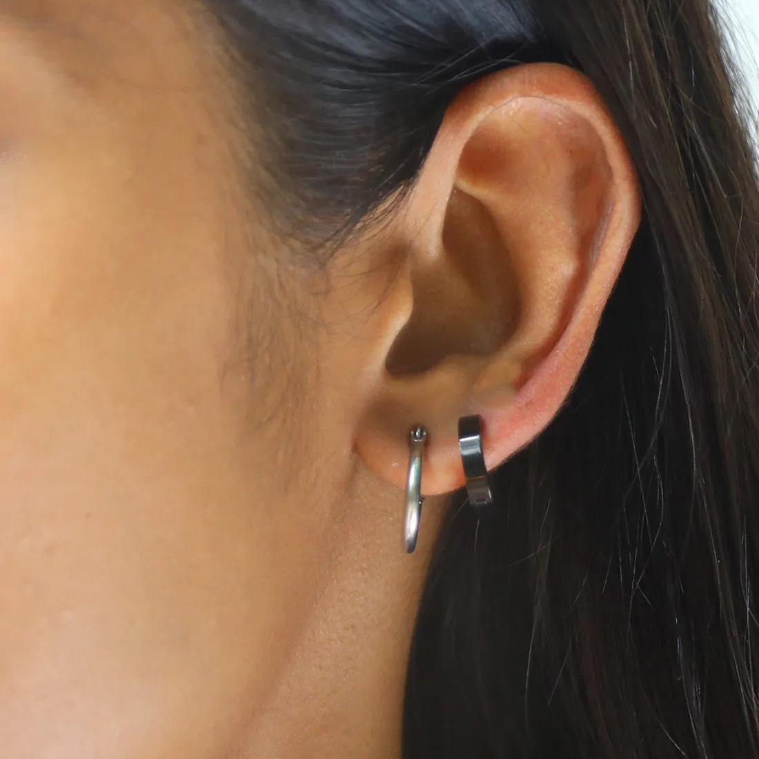 SET OF TWO UNISEX SILVER & BLACK MINI CUFF HOOP EARRINGS