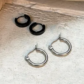 SET OF TWO UNISEX SILVER & BLACK MINI CUFF HOOP EARRINGS