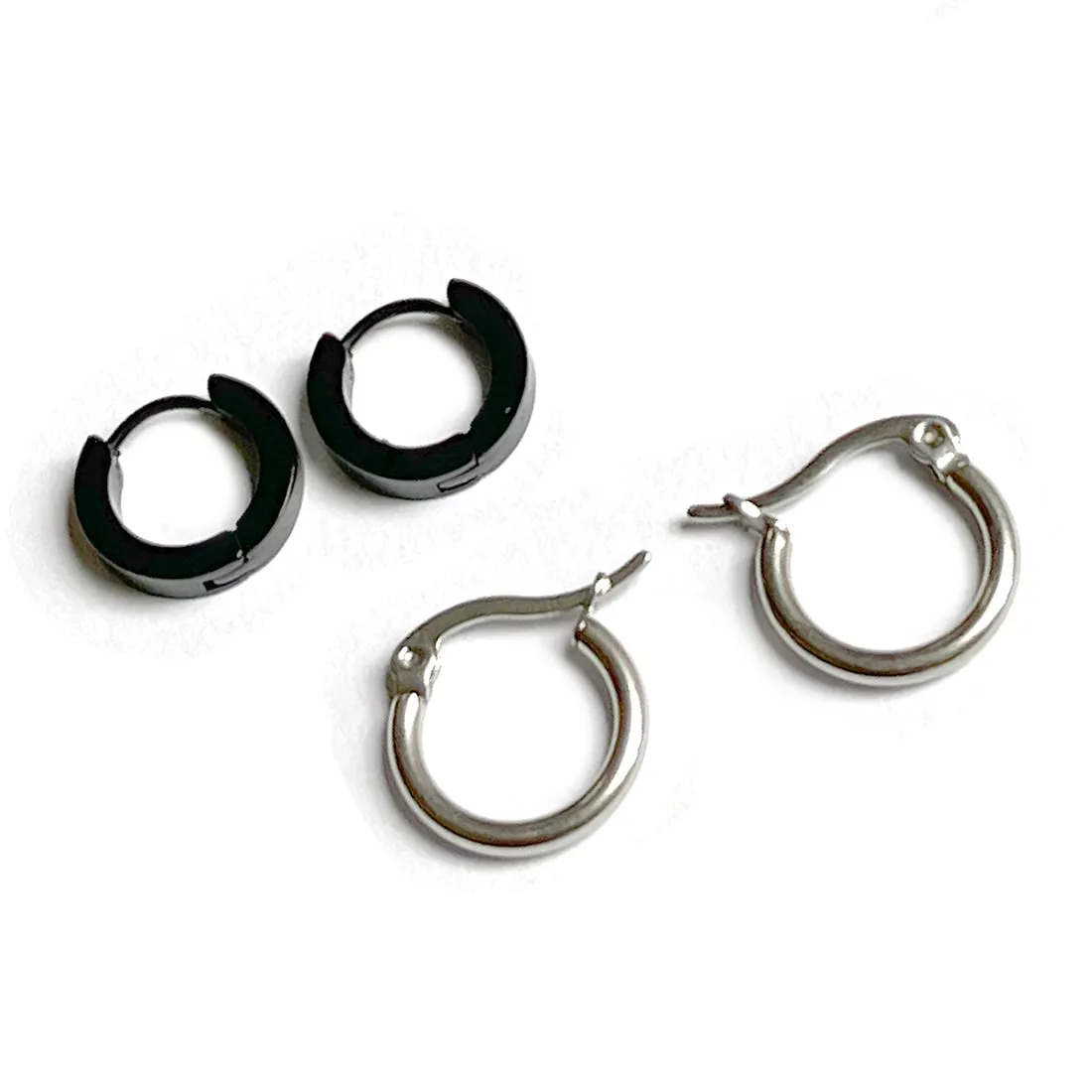 SET OF TWO UNISEX SILVER & BLACK MINI CUFF HOOP EARRINGS