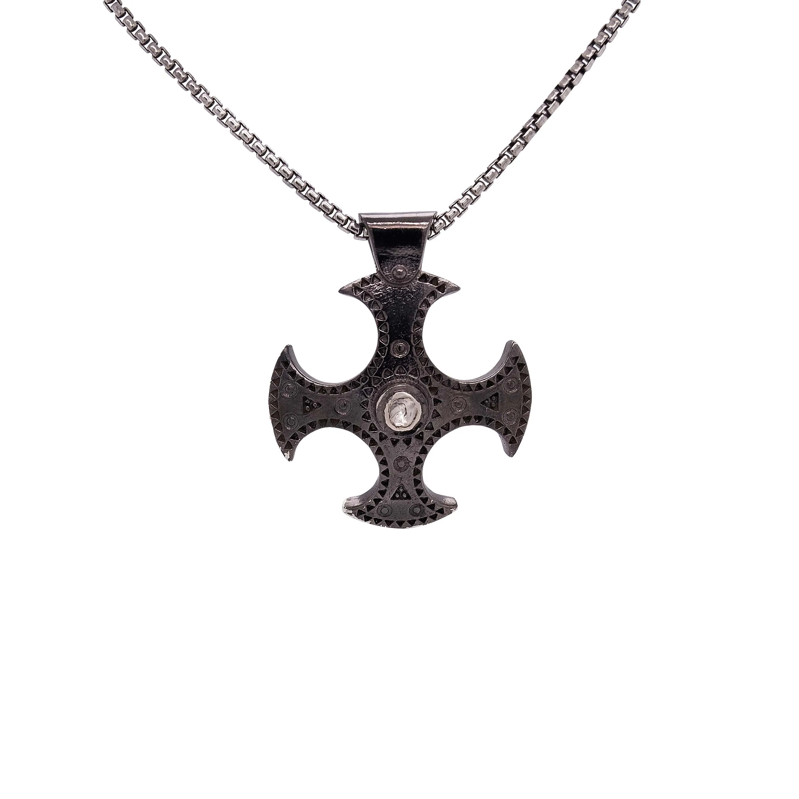 Silver and Black Rhodium Raw Diamond Shield Cross - Large