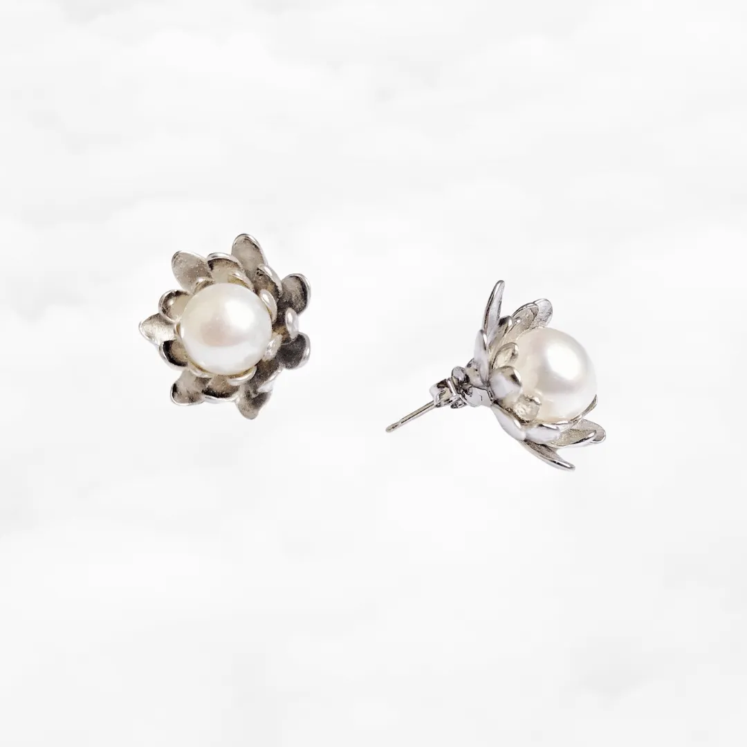 Silver Lotus Pearl Stud Earrings