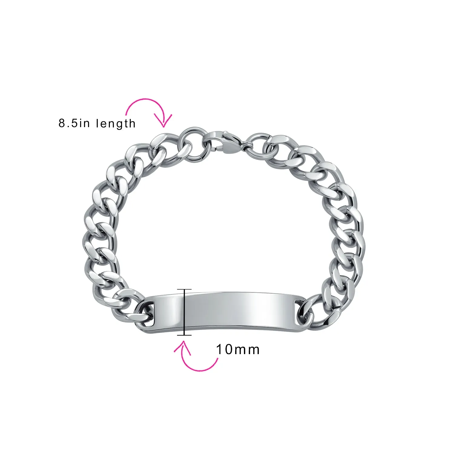 Silver Tone Cuban Link Chain ID Bracelet for Men Stainless Steel Various Sizes