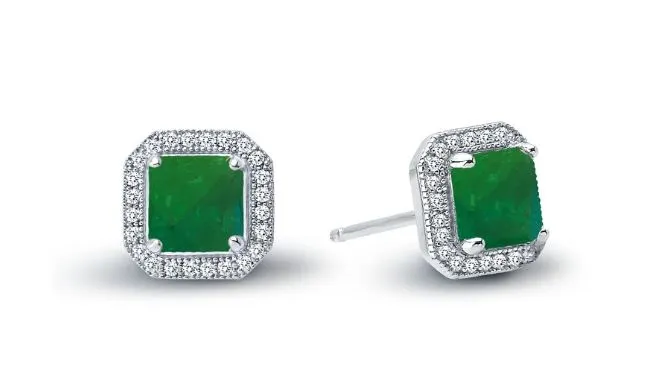 Simulated Emerald Halo Post Earrings E0038CEP