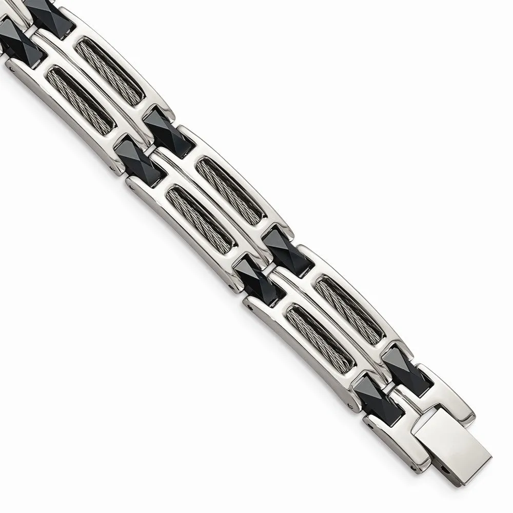 Stainless Steel and Blue Ceramic Fancy Link Bracelet