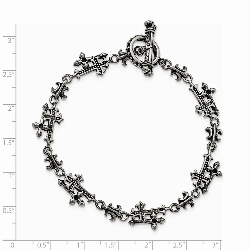 Stainless Steel Antiqued and Polished Cross Bracelet