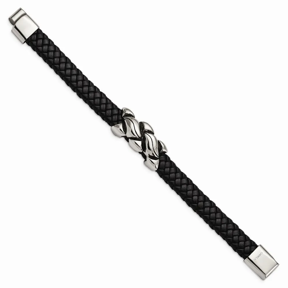 Stainless Steel Antiqued Black Leather Bracelet