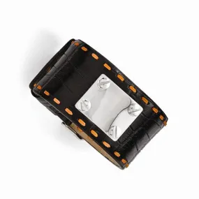 Stainless Steel Black Leather Orange Stitch Buckle Id Bracelet