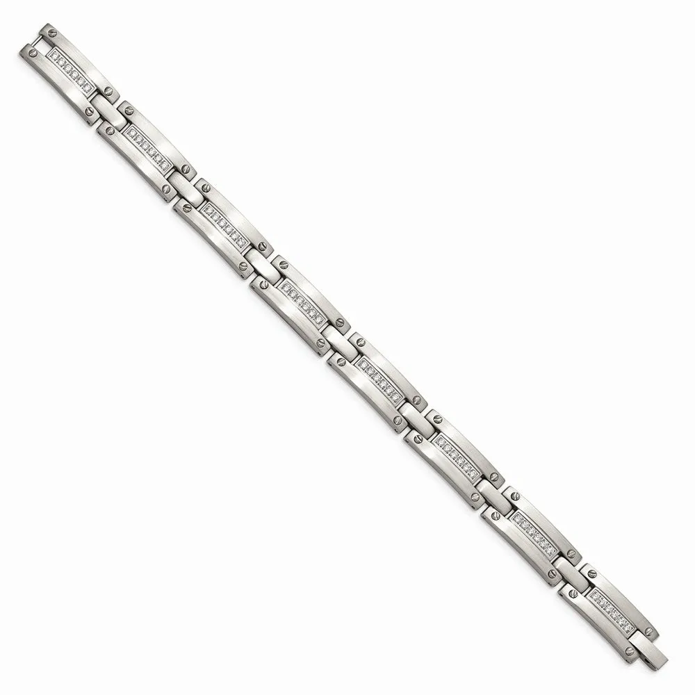 Stainless Steel Brushed CZ 8.50in Link Bracelet