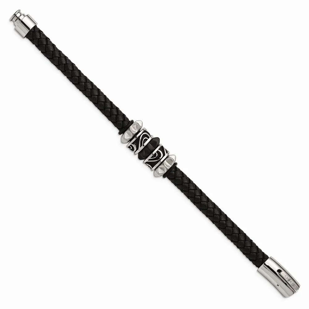 Stainless Steel Brushed/Polished Antiqued Blk IP Blk Leather Bracelet