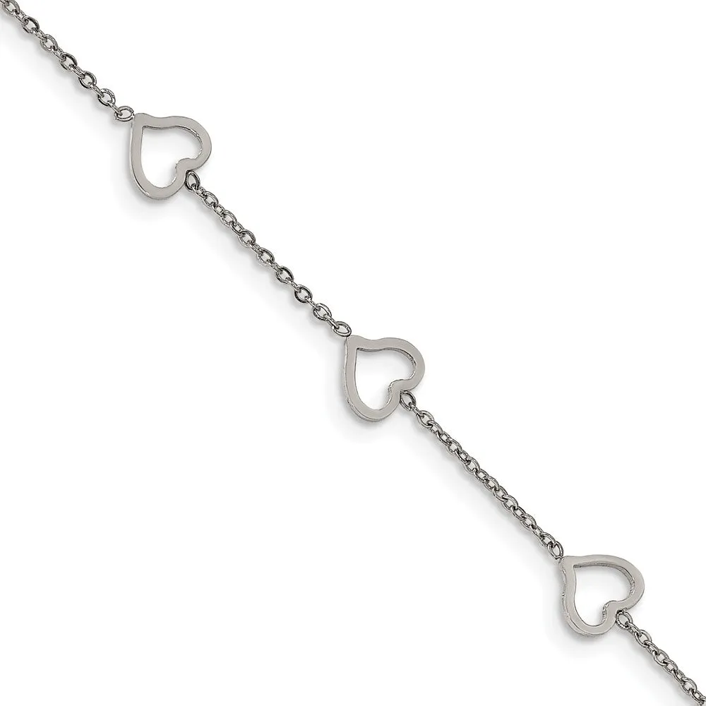 Stainless Steel Polished 7in Hearts Bracelet