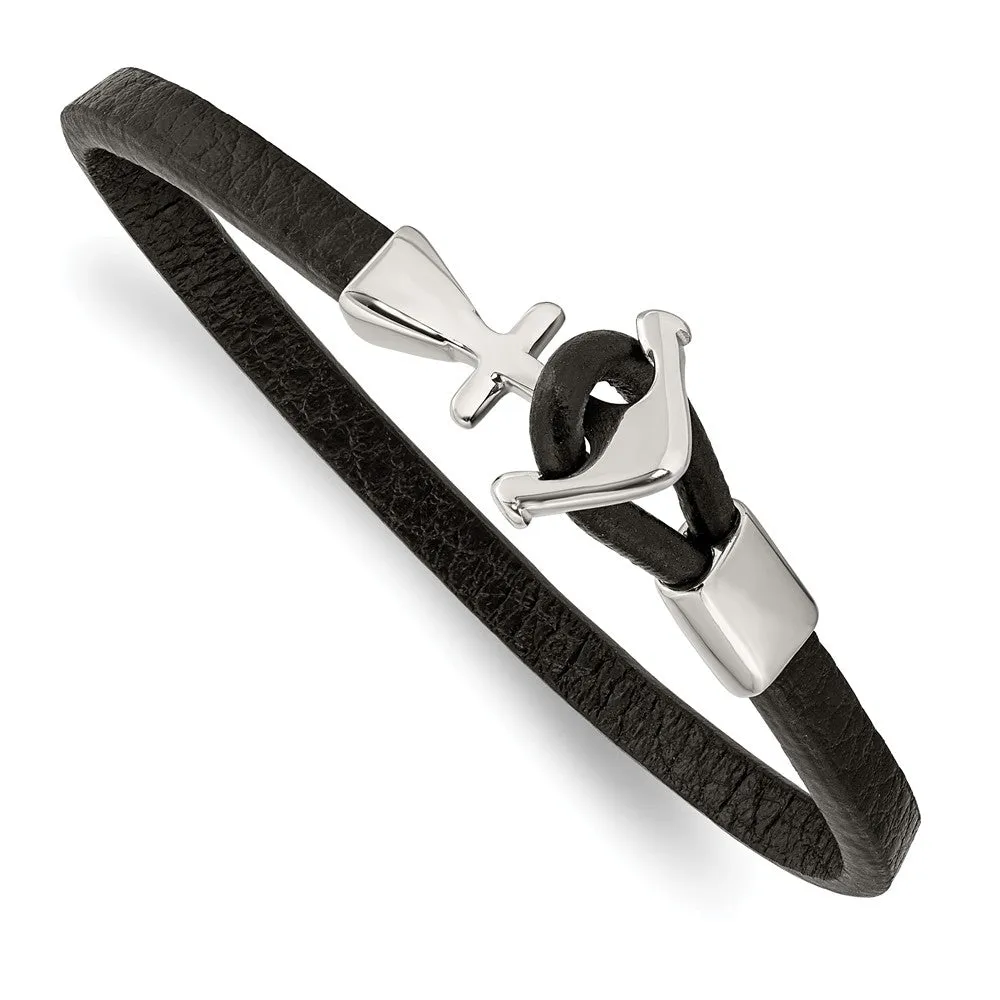 Stainless Steel Polished Anchor Black Leather 8in Bracelet