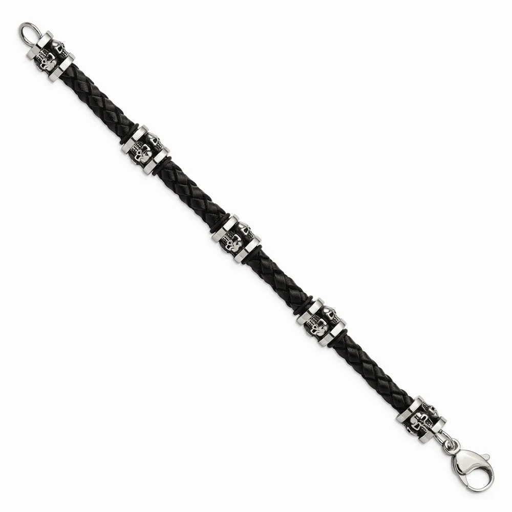 Stainless Steel Polished Antiqued Skull Black Braided Leather Bracelet