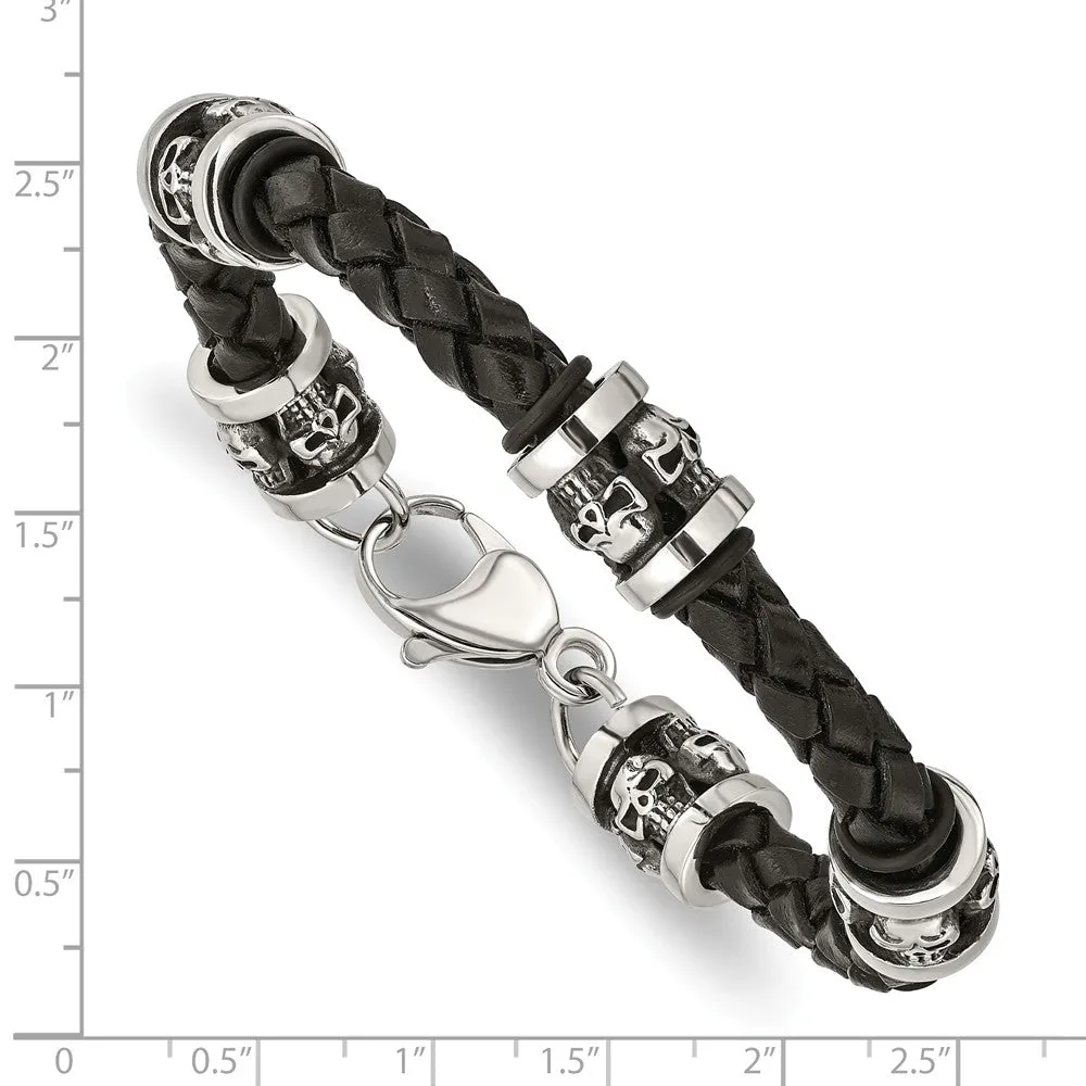 Stainless Steel Polished Antiqued Skull Black Braided Leather Bracelet