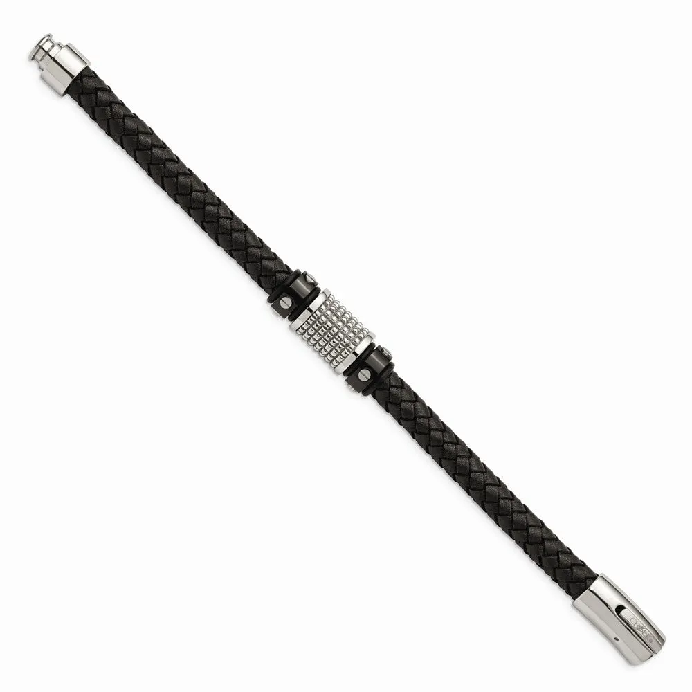 Stainless Steel Polished Black IP Blk Leather Blk Rubber Bracelet