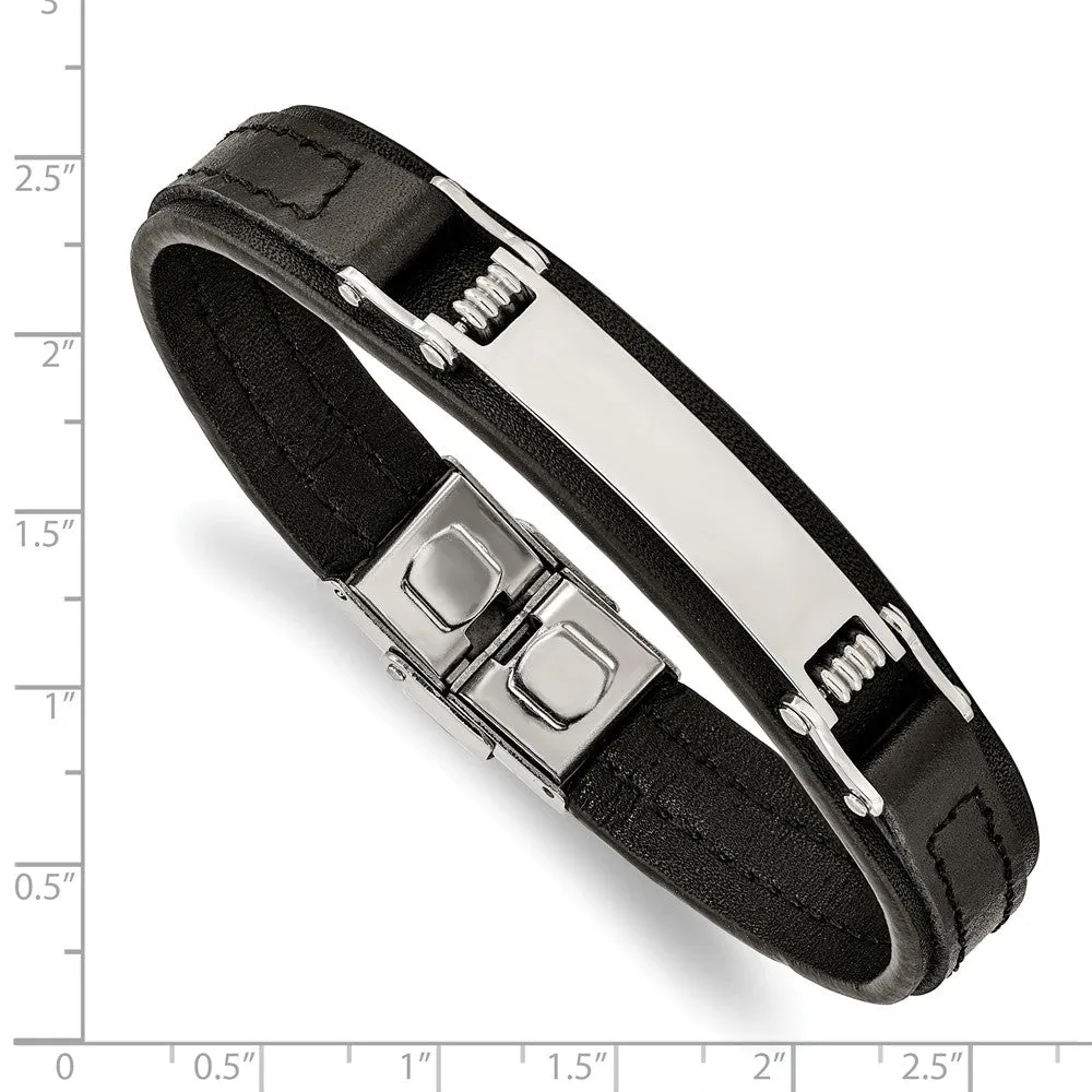 Stainless Steel Polished Black Leather 8.25in ID Bracelet