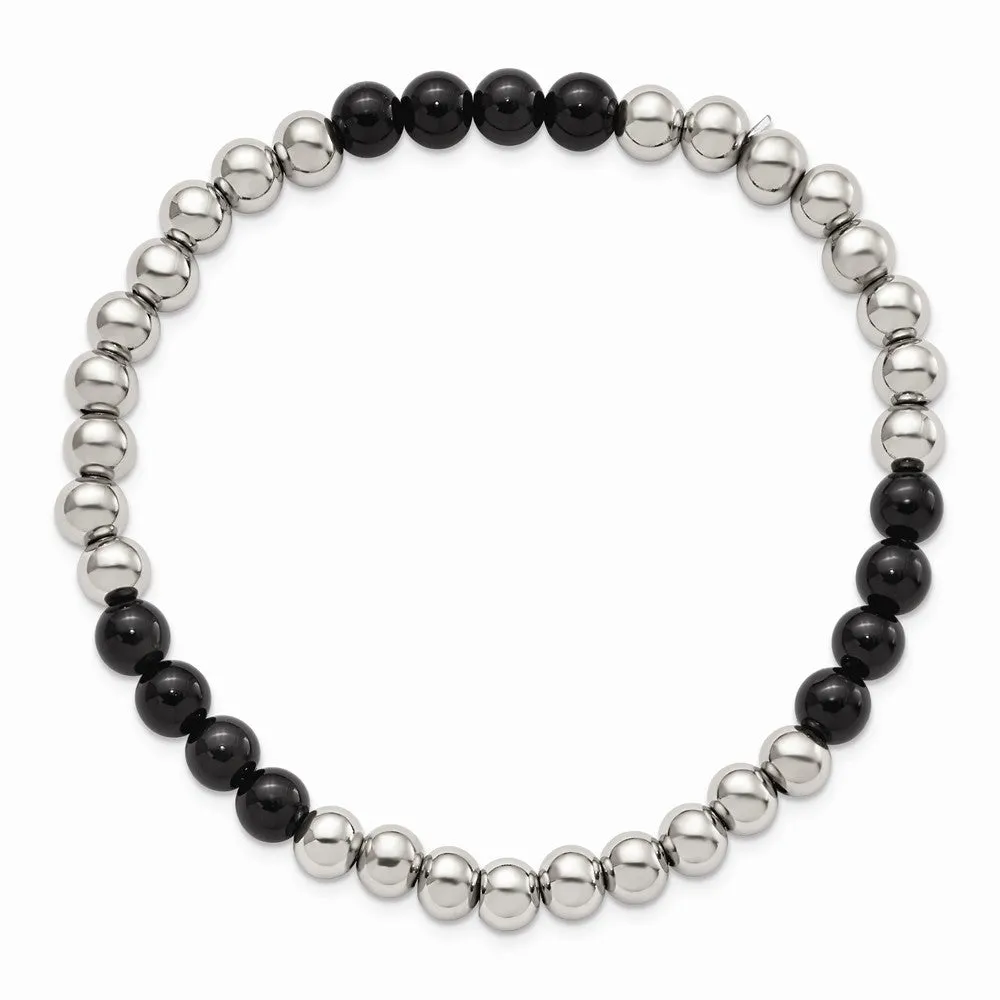 Stainless Steel Polished Black Onyx Beaded Stretch Bracelet