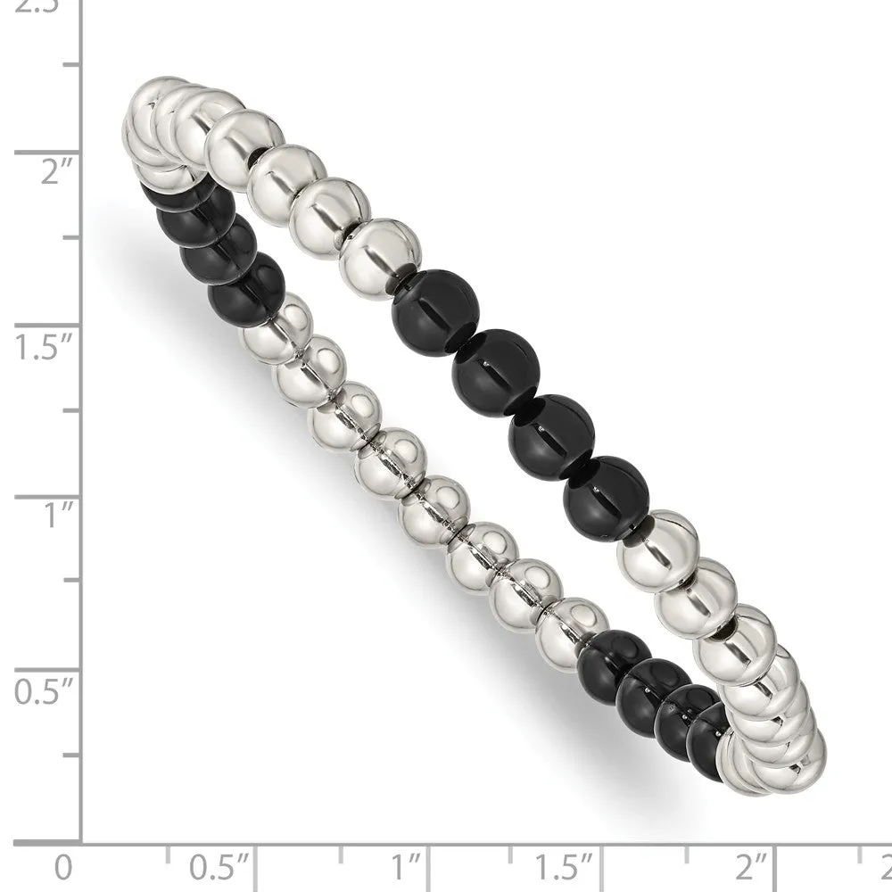 Stainless Steel Polished Black Onyx Beaded Stretch Bracelet