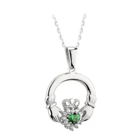 Sterling Silver Cz Green Cluster Claddagh Pendant