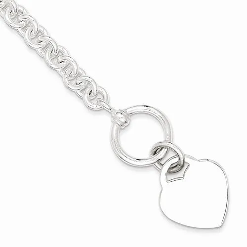 Sterling Silver Engraveable Heart Disc On Fancy Link Charm Bracelet