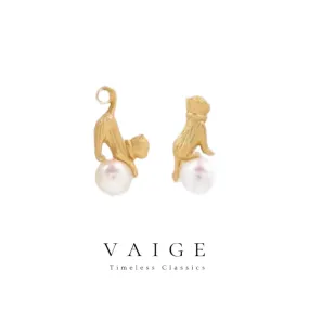 VAIGE Whimsical Cat Pearl Stud Earrings in Elegant White and Gold