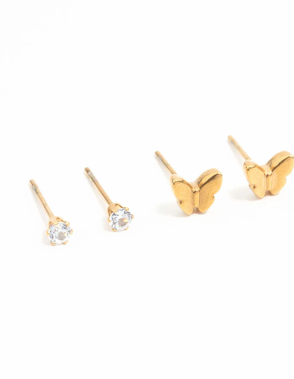 Waterproof Gold Plated Stainless Steel Butterfly & Classic Stud Earrings 3-Pack