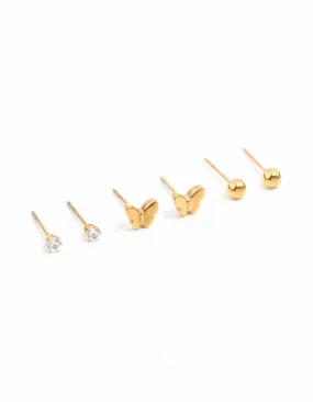 Waterproof Gold Plated Stainless Steel Butterfly & Classic Stud Earrings 3-Pack