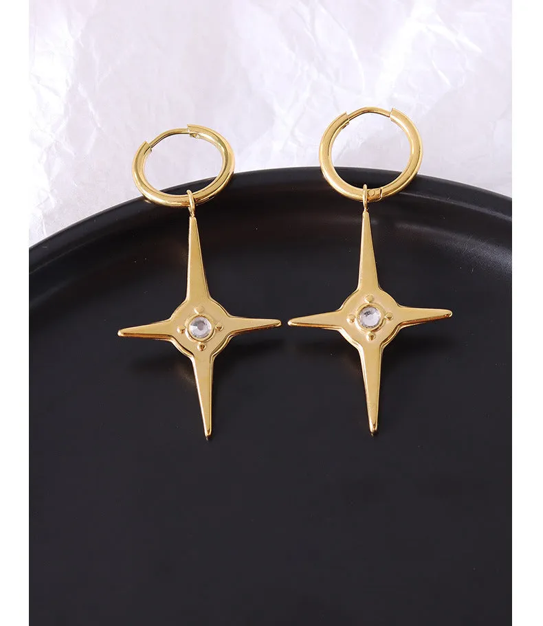 Zircon Star Earrings with Titanium Steel Plating and 18k Gold Studs