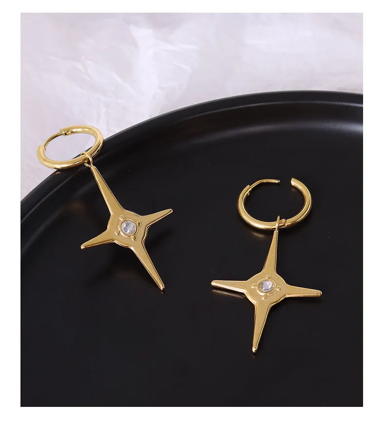 Zircon Star Earrings with Titanium Steel Plating and 18k Gold Studs